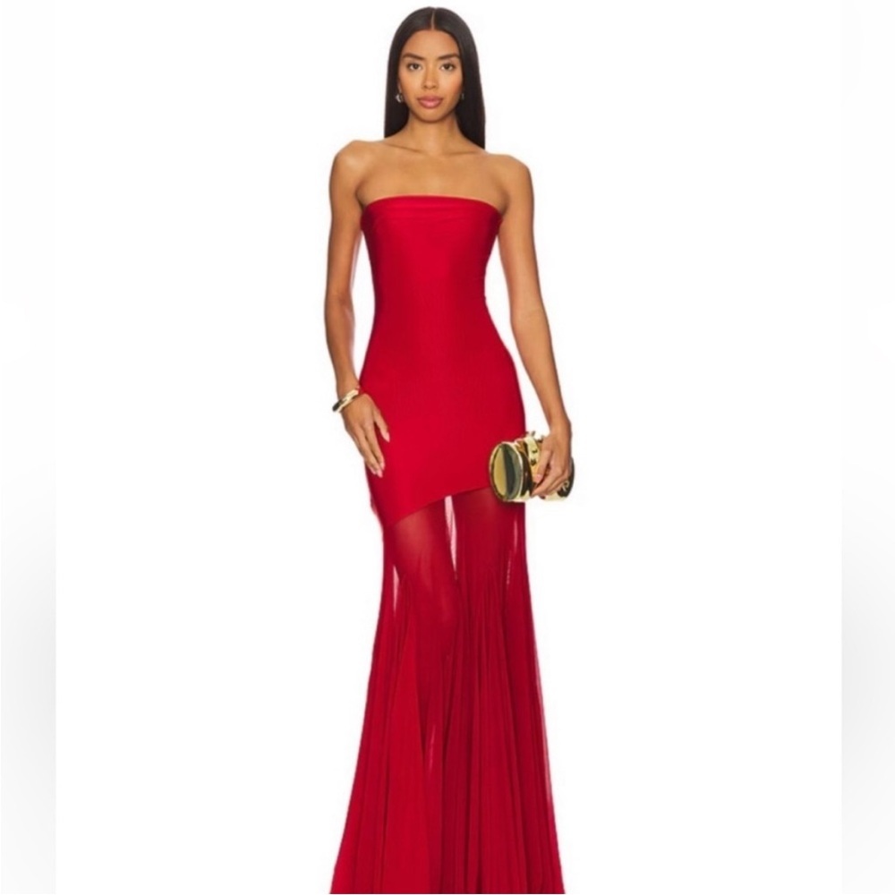 Strapless Red Maxi Dress with Sheer Skirt - Picture 2 of 6